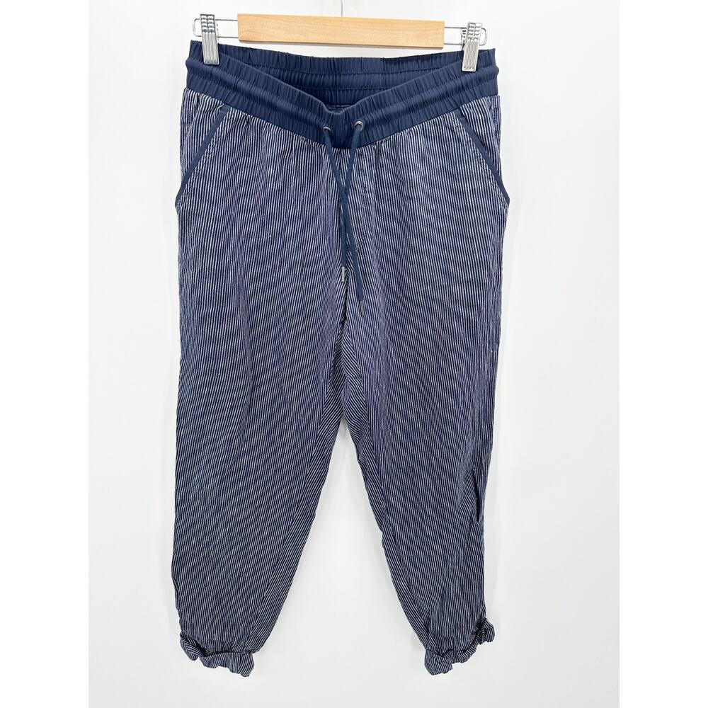 Athleta Navy White Pinstripe Linen Joggers Pants Size 6 Drawstring Tapered Leg
